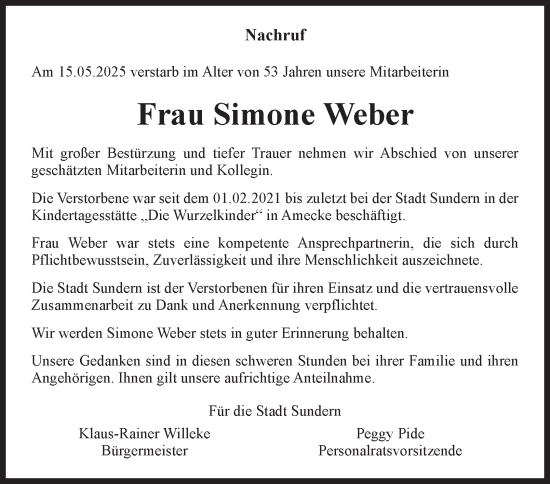 Traueranzeige von Simone Weber von Tageszeitung
