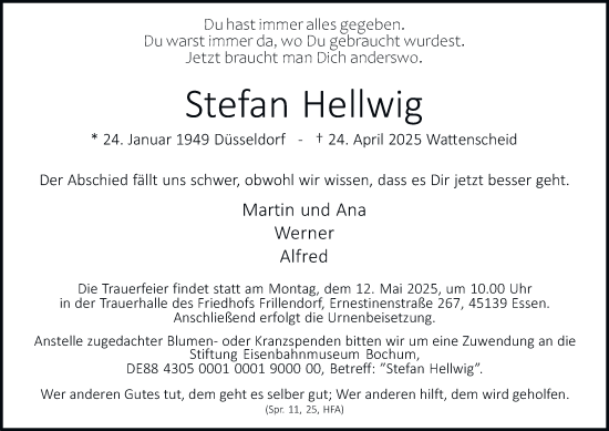 Traueranzeige von Stefan Hellwig von Tageszeitung
