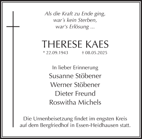 Traueranzeige von Therese Kaes von Tageszeitung