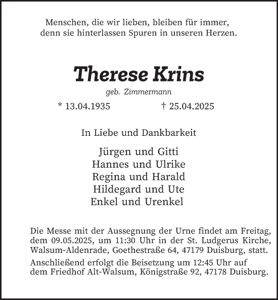 Traueranzeige von Therese Krins von Tageszeitung