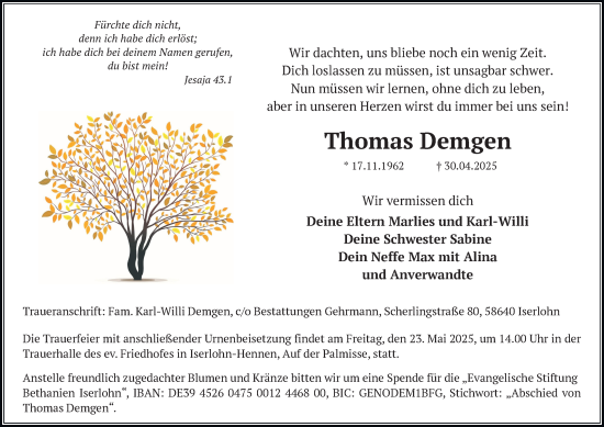Traueranzeige von Thomas Demgen von Tageszeitung