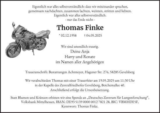 Traueranzeige von Thomas Finke von Tageszeitung