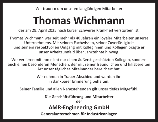 Traueranzeige von Thomas Wichmann von Tageszeitung