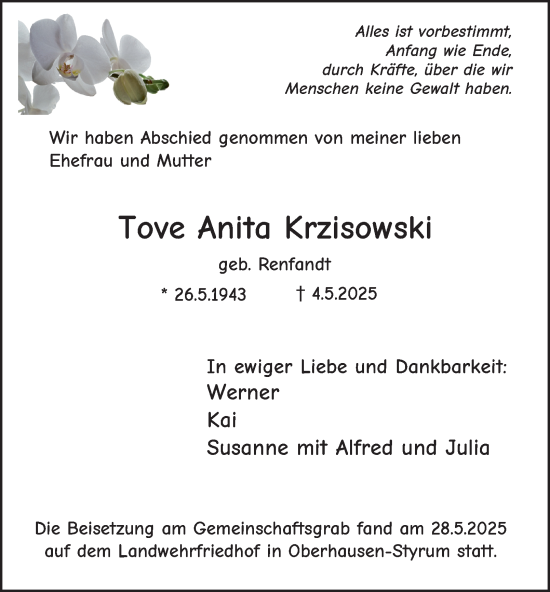Traueranzeige von Tove Anita Krzisowski von Tageszeitung