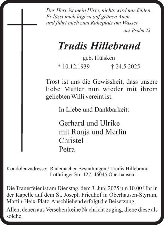 Traueranzeige von Trudis Hillebrand von Tageszeitung