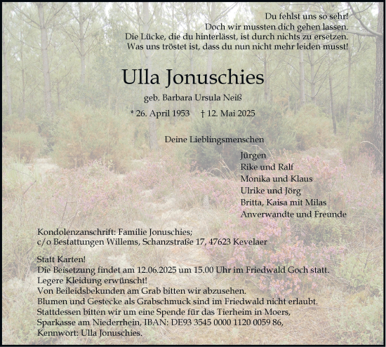 Traueranzeige von Ulla Jonuschies von Tageszeitung