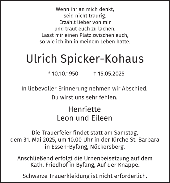 Traueranzeige von Ulrich Spicker-Kohaus von Tageszeitung