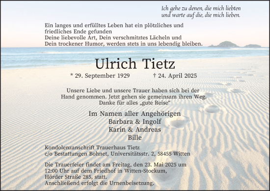 Traueranzeige von Ulrich Tietz von Tageszeitung