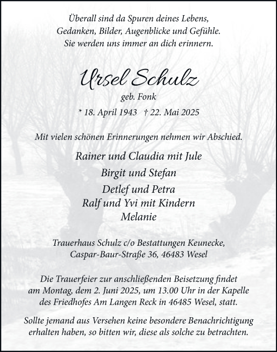 Traueranzeige von Ursel Schulz von Tageszeitung
