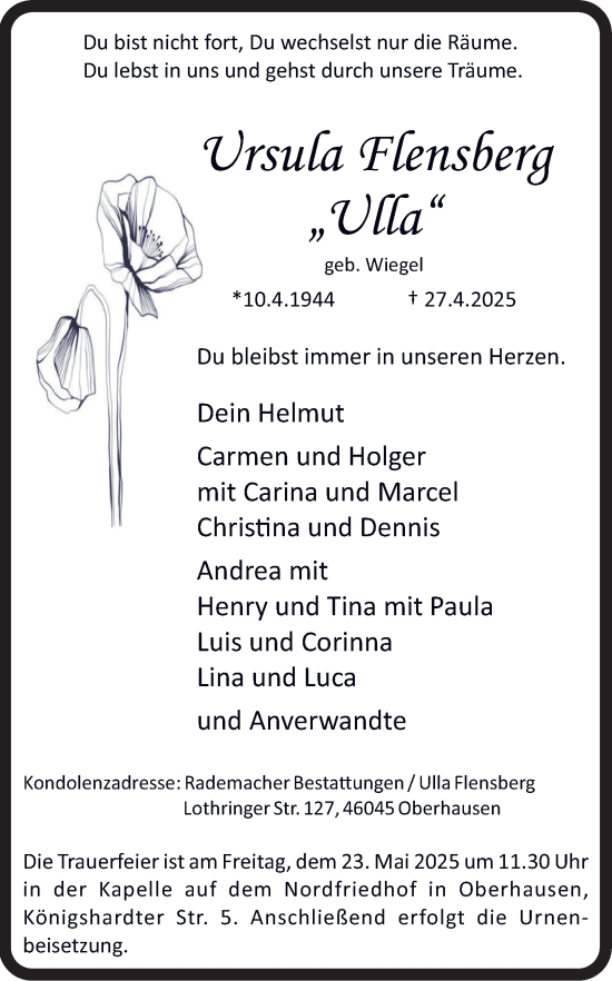 Traueranzeige von Ursula Flensberg von Tageszeitung