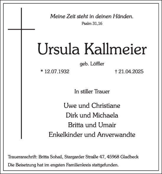 Traueranzeige von Ursula Kallmeier von Tageszeitung