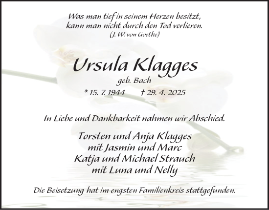 Traueranzeige von Ursula Klagges von Tageszeitung