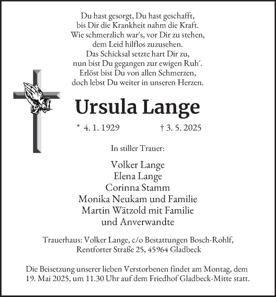Traueranzeige von Ursula Lange von Tageszeitung