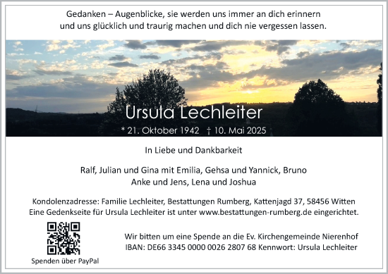 Traueranzeige von Ursula Lechleiter von Tageszeitung