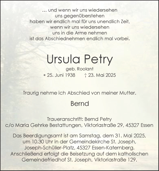 Traueranzeige von Ursula Petry von Tageszeitung