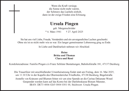 Traueranzeige von Ursula Pingen von Tageszeitung