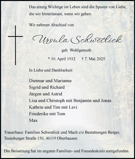Traueranzeige von Ursula Schwetlick von Tageszeitung
