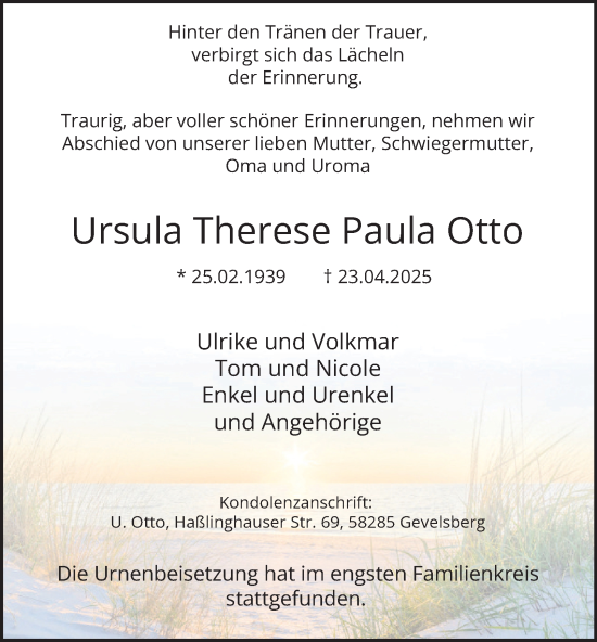 Traueranzeige von Ursula Therese  Otto von Tageszeitung