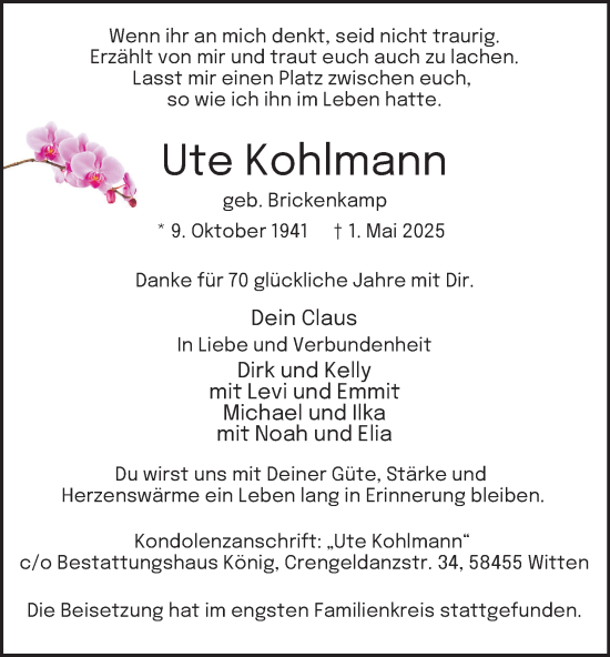 Traueranzeige von Ute Kohlmann von Tageszeitung