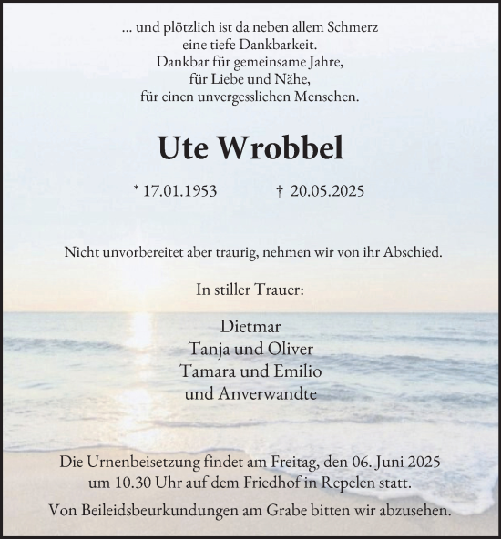 Traueranzeige von Ute Wrobbel von Tageszeitung