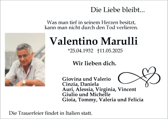 Traueranzeige von Valentino Marulli von Tageszeitung