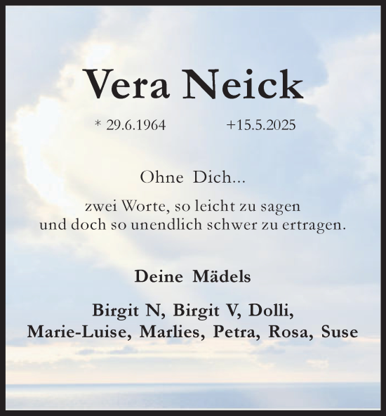 Traueranzeige von Vera Neick von Tageszeitung