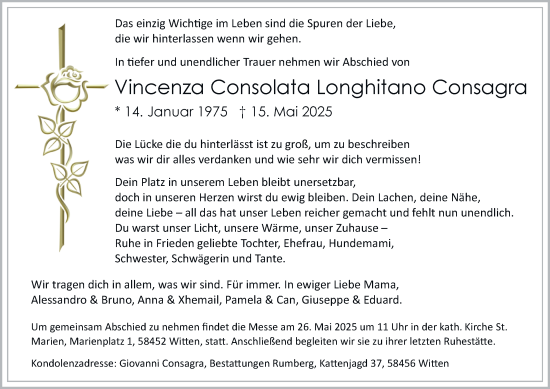Traueranzeige von Vincenza Consolata Longhitano Consagra von Tageszeitung