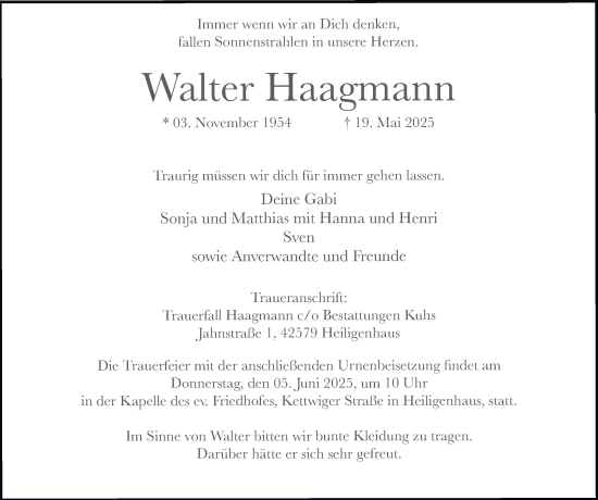 Traueranzeige von Walter Haagmann von Tageszeitung