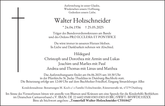 Traueranzeige von Walter Holzschneider von Tageszeitung