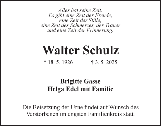 Traueranzeige von Walter Schulz von Tageszeitung