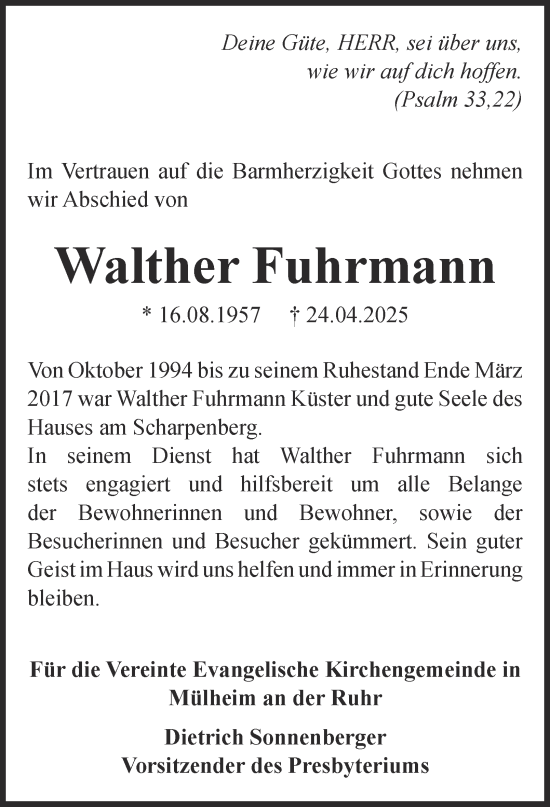 Traueranzeige von Walther Fuhrmann von Tageszeitung