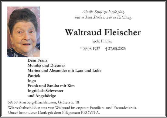 Traueranzeige von Waltraud Fleischer von Tageszeitung