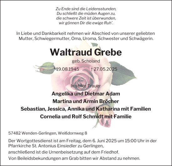 Traueranzeige von Waltraud Grebe von Tageszeitung