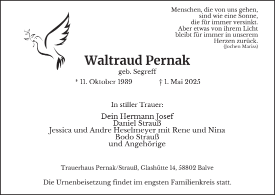Traueranzeige von Waltraud Pernak von Tageszeitung
