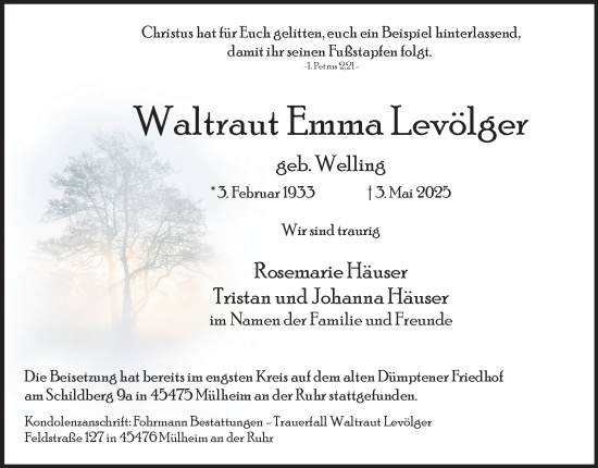 Traueranzeige von Waltraut Emma Levölger von Tageszeitung