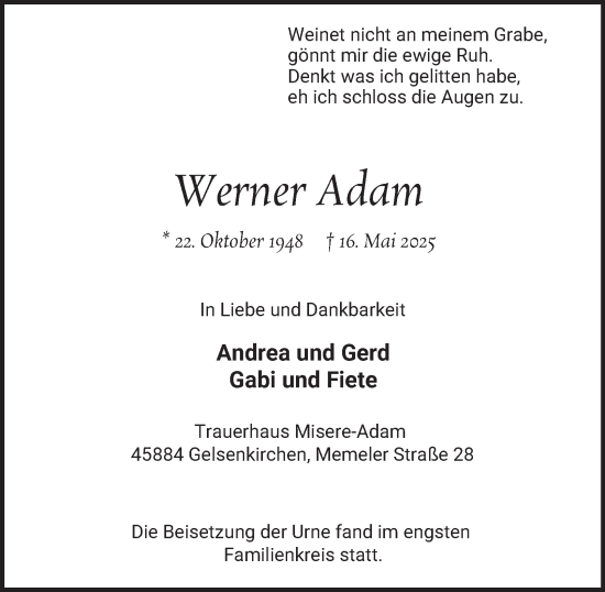 Traueranzeige von Werner Adam von Tageszeitung