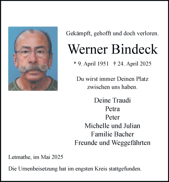 Traueranzeige von Werner Bindeck von Tageszeitung