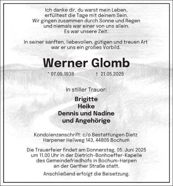 Traueranzeige von Werner Glomb von Tageszeitung