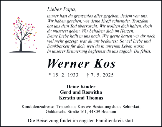 Traueranzeige von Werner Kos von Tageszeitung