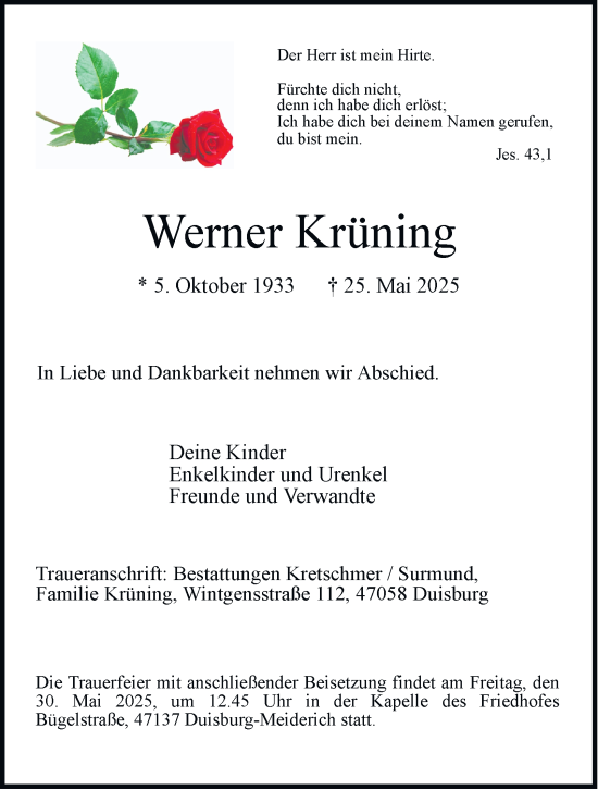 Traueranzeige von Werner Krüning von Tageszeitung