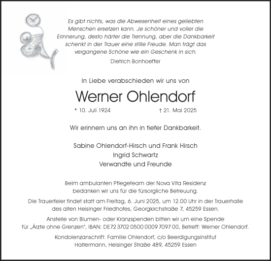 Traueranzeige von Werner Ohlendorf von Tageszeitung