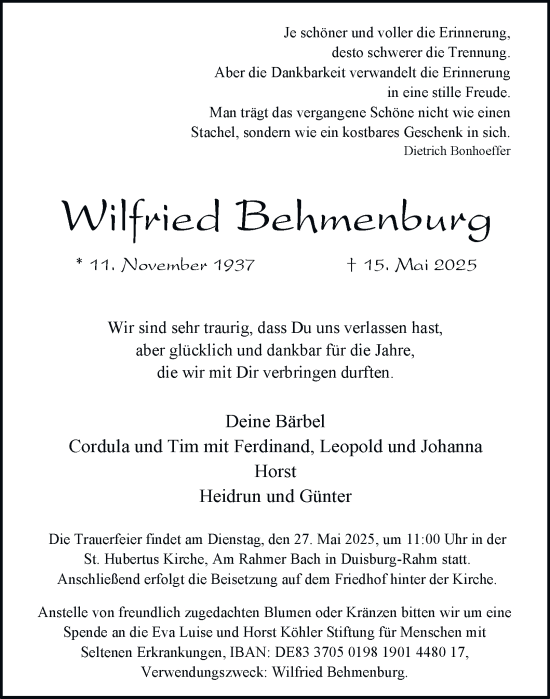 Traueranzeige von Wilfried Behmenburg von Tageszeitung