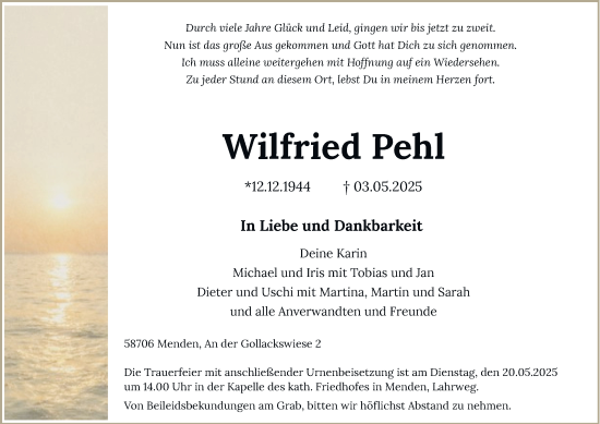 Traueranzeige von Wilfried Pehl von Tageszeitung