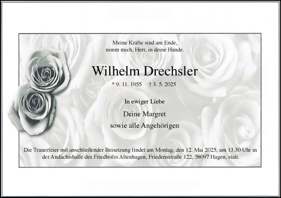 Traueranzeige von Wilhelm Drechsler von Tageszeitung