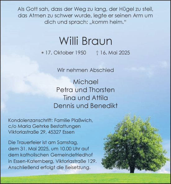 Traueranzeige von Willi Braun von Tageszeitung