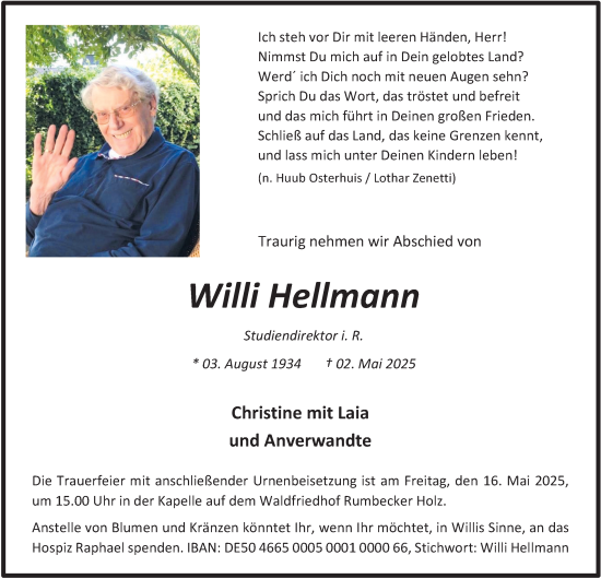 Traueranzeige von Willi Hellmann von Tageszeitung