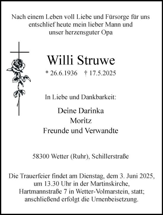 Traueranzeige von Willi Struwe von Tageszeitung