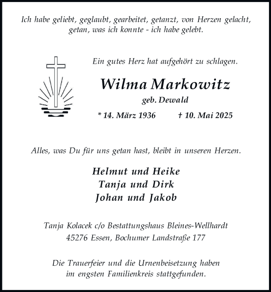 Traueranzeige von Wilma Markowitz von Tageszeitung