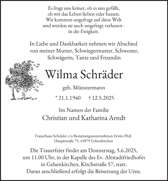 Traueranzeige von Wilma Schräder von Tageszeitung