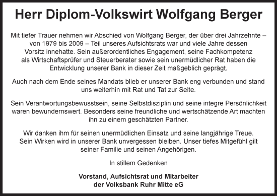 Traueranzeige von Wolfgang Berger von Tageszeitung